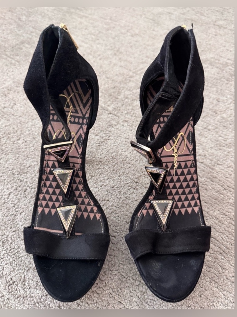Jessica Simpson Black Suede T-Strap High Heel Sandals with Gold Accents. - Picture 3 of 8